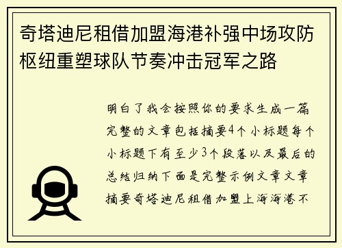 奇塔迪尼租借加盟海港补强中场攻防枢纽重塑球队节奏冲击冠军之路