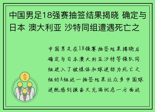 中国男足18强赛抽签结果揭晓 确定与日本 澳大利亚 沙特同组遭遇死亡之组 中国男足18强赛抽签结果揭晓 确定与日本 澳大利亚 沙特同组遭遇死亡之组