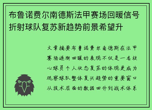 布鲁诺费尔南德斯法甲赛场回暖信号折射球队复苏新趋势前景希望升
